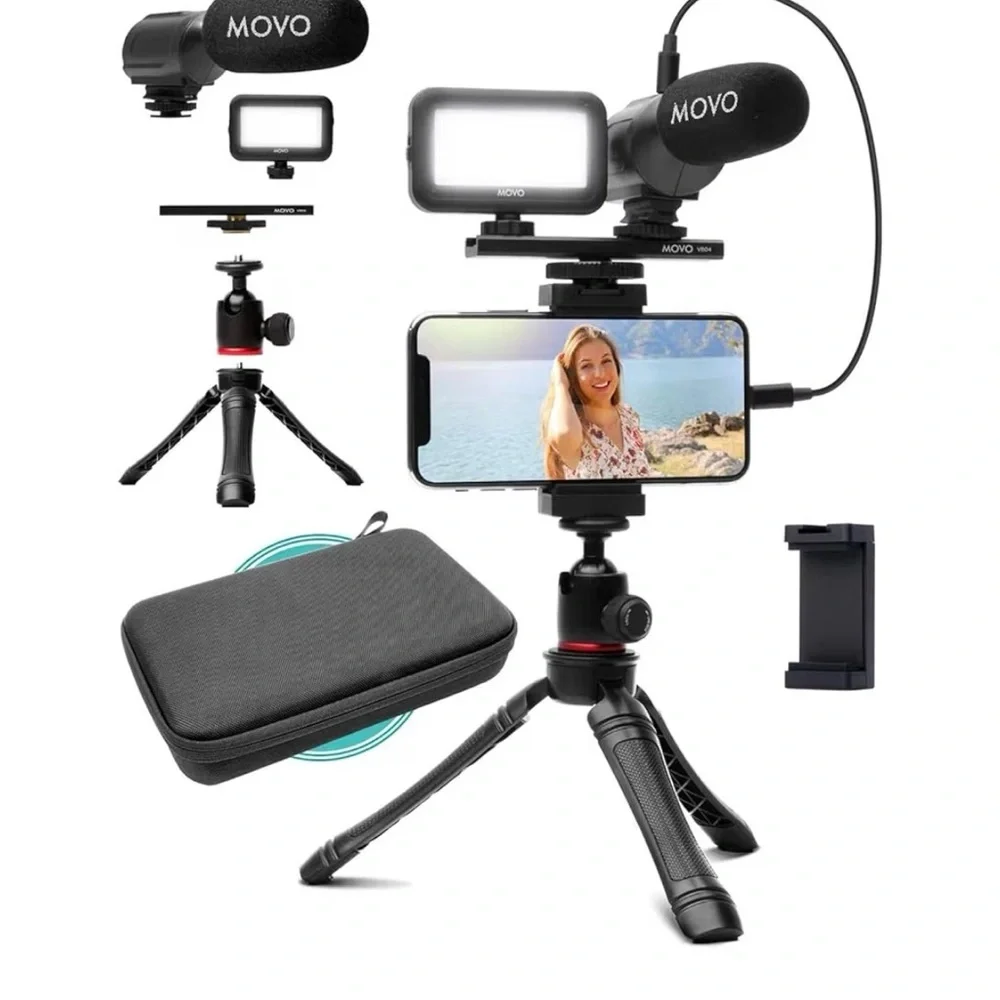 Vlogging Accessory Kit for iPhone with Microphone & LED Light - Black